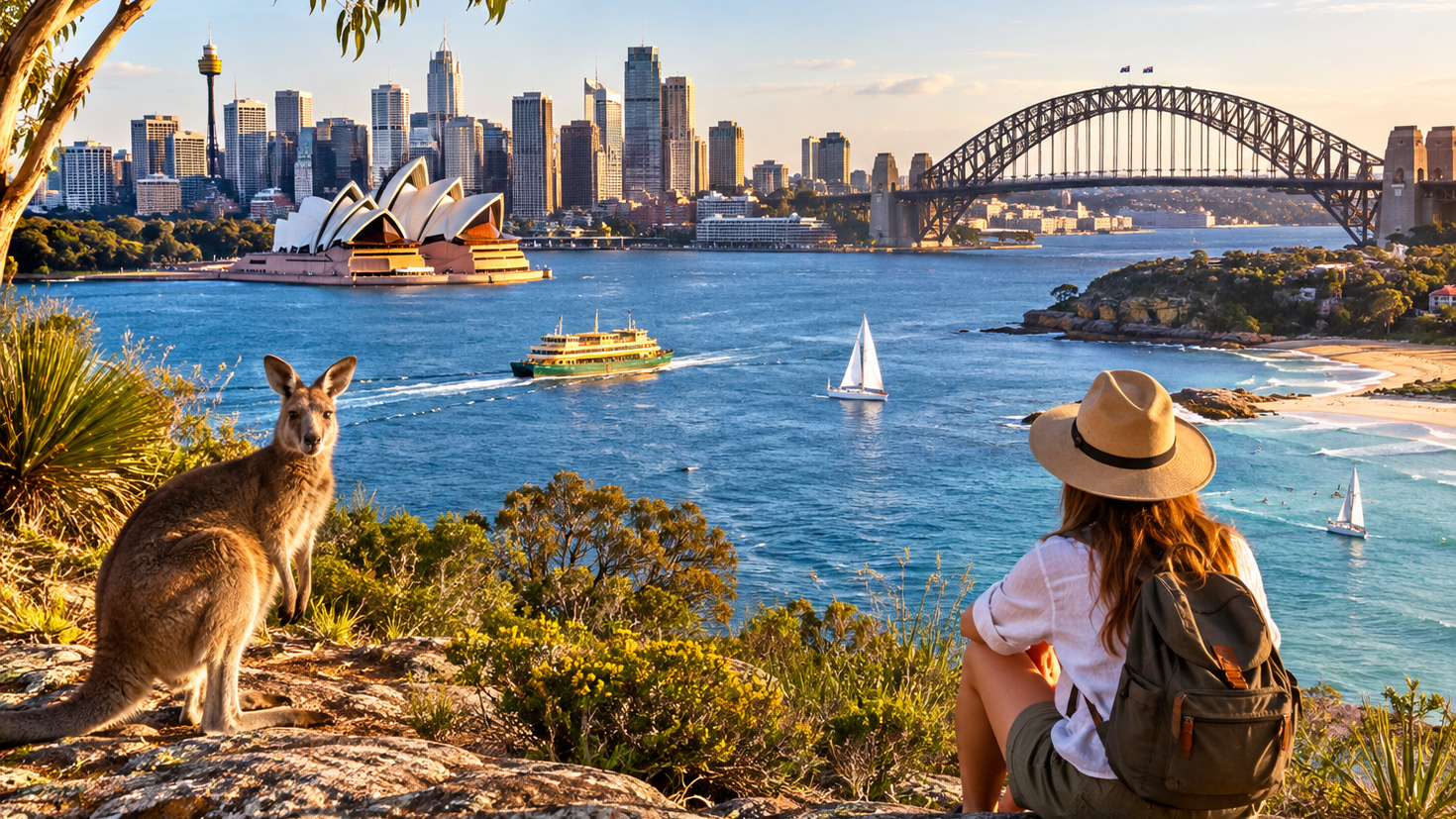 Sydney harbour with a kangaroo on a rock